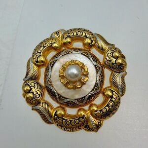 Vintage Damascene Mother of Pearl  Brooch